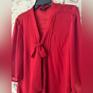 Valentine Red Women's Blouse with Bow Detail Sz L Sheer, light, feminine, EUC